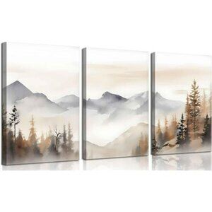 Neutral Mountain Wall Art Set Framed Abstract Forest Canvas for Living Room